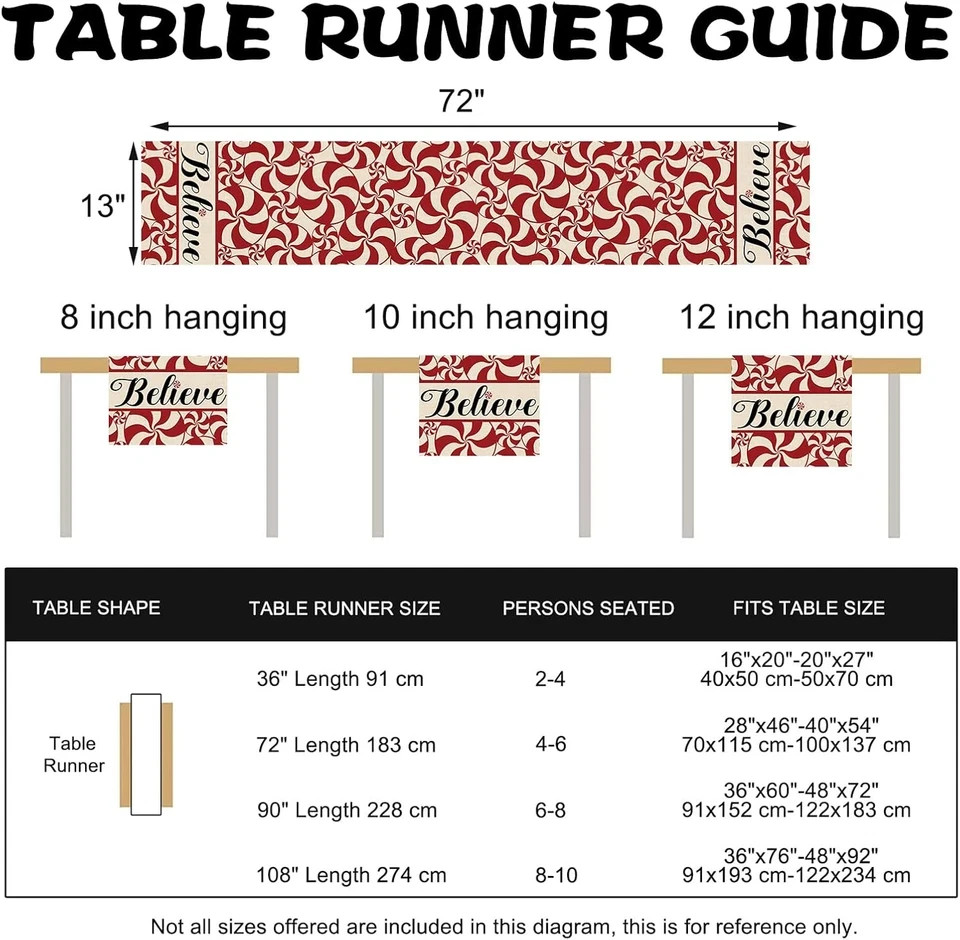 Christmas Peppermint Candy Table Runner, Red Xmas Believe Kitchen Dining Table