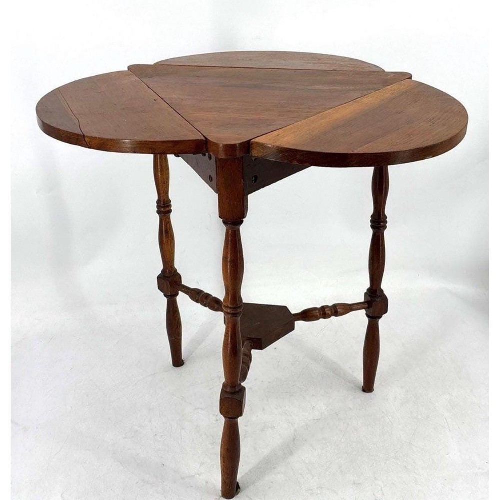 Antique Victorian Cloverleaf Drop Leaf Side Table Walnut Triangular 1800s