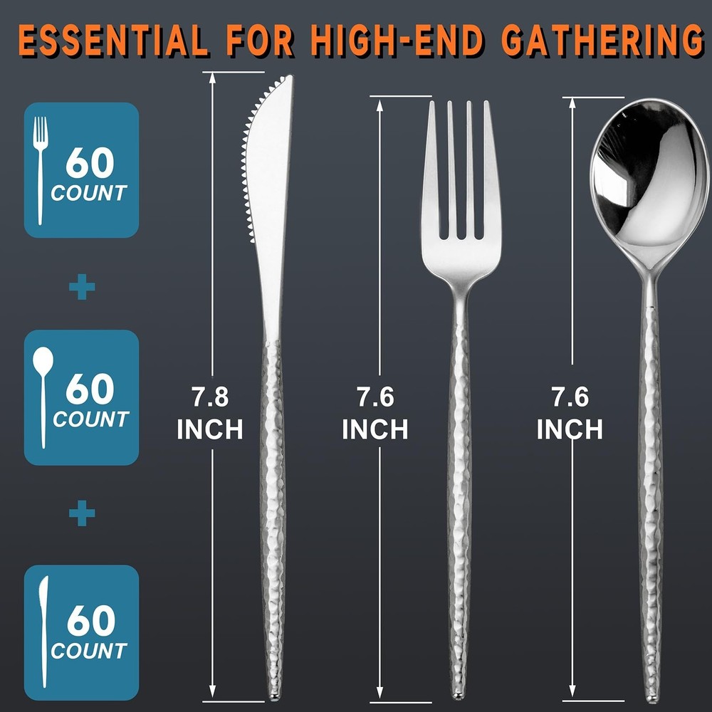 Rubtlamp 180 Pcs Silver Plastic Silverware - Hammered Disposable Silverware -...