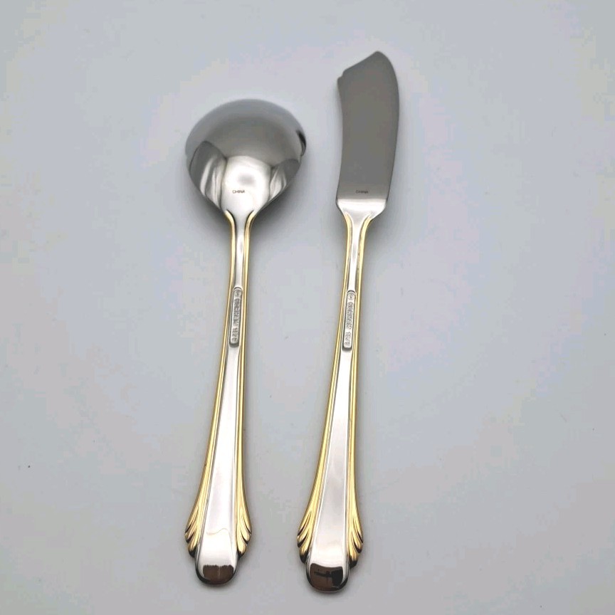 Gorham Calais Gold 2 Piece Hostess Serving Set Stainless 18/8 Flatware Glossy