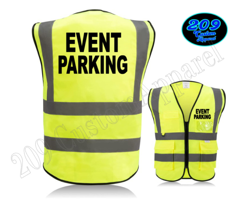 EVENT PARKING HI-VIS VEST REFLECTIVE 2" STRIPS POCKETS & ZIPPER SOLID POLYESTER