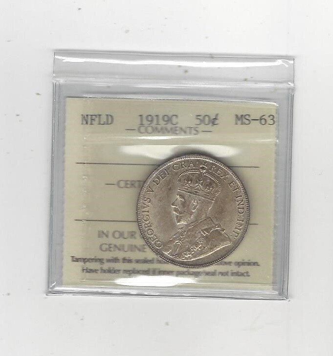 1919c  ICCS Graded Newfoundland,   ¢50 Fifty Cent, **MS-63**