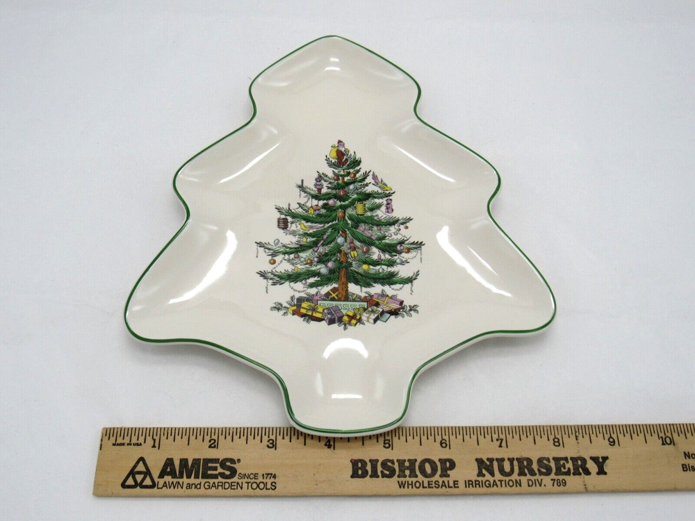Spode Christmas Tree Shaped Candy Nut Dish Plate Green Trim 9"