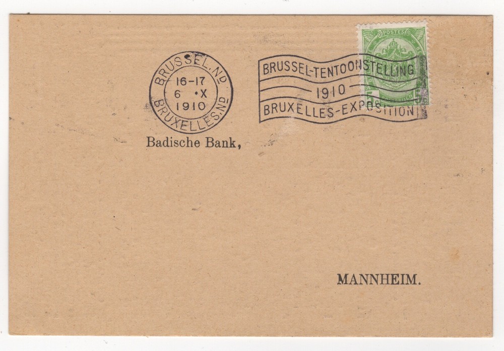 1910 Oct 6th. Postal Card. Brussels to Mannheim, Germany.