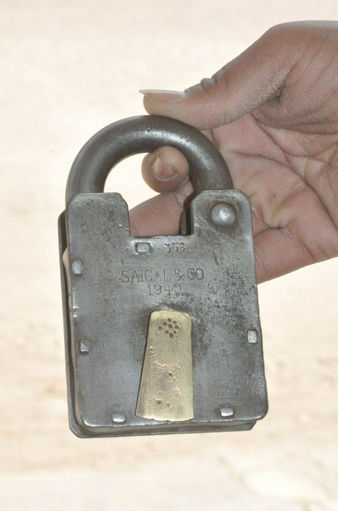 Vintage Iron Handcrafted Square Shape 1940 Saigal & Co. Solid Heavy Padlock