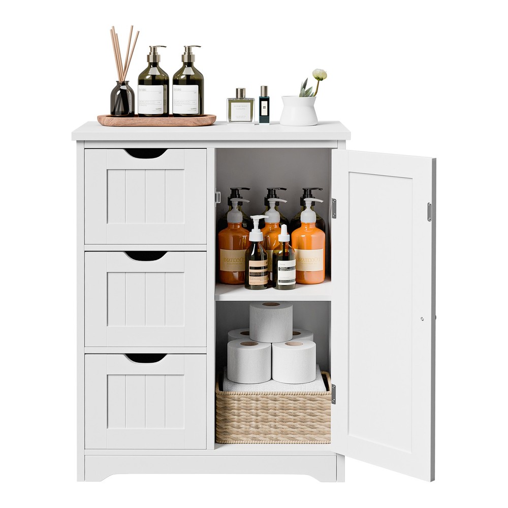 Bathroom Storage Floor Cabinet Organizer with Adjustable Shelf & Drawer White