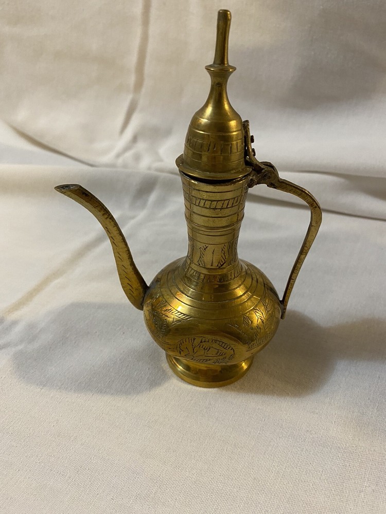 Vintage Small Etched Brass Pitcher Dallah Teapot