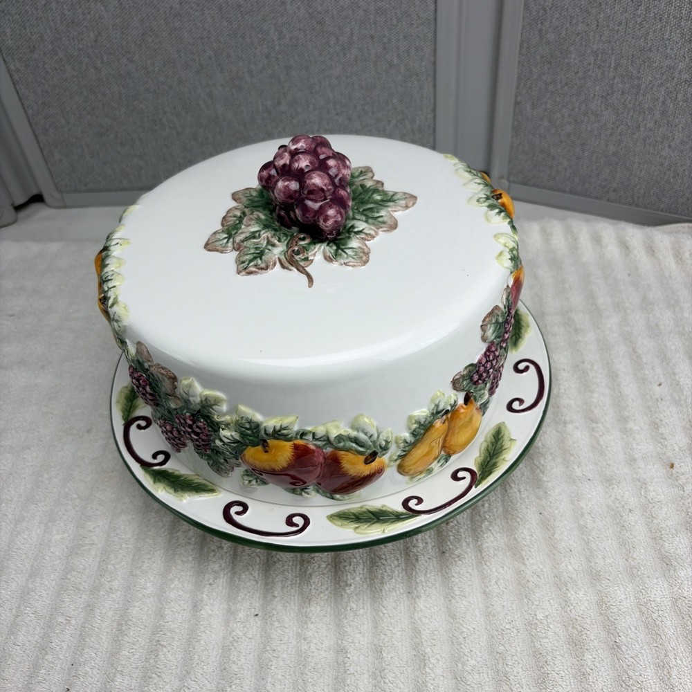 Grape Fruit Covered Pedestal Cake Plate Large Stand with Dome Cover Elements
