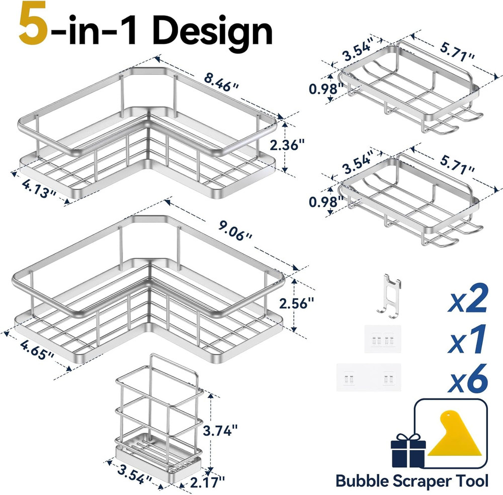 Corner Shower Caddy Organizer, 5-Pack Self-Adhesive Rustproof Bath Shelves with