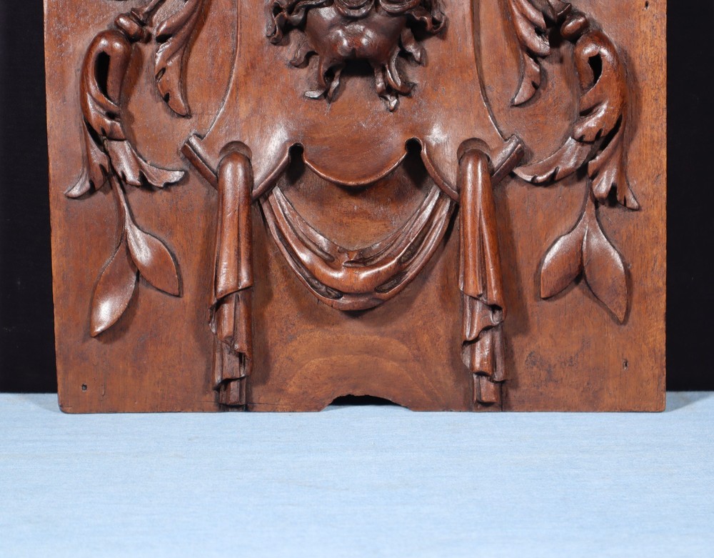 15" Tall Antique French Solid Walnut Wood Panel with Highly Carved Devil/Face