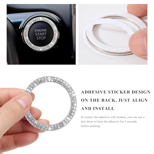 2PCS Bling Car Engine Start Stop Decoration Ring, Crystal Double Row Silver