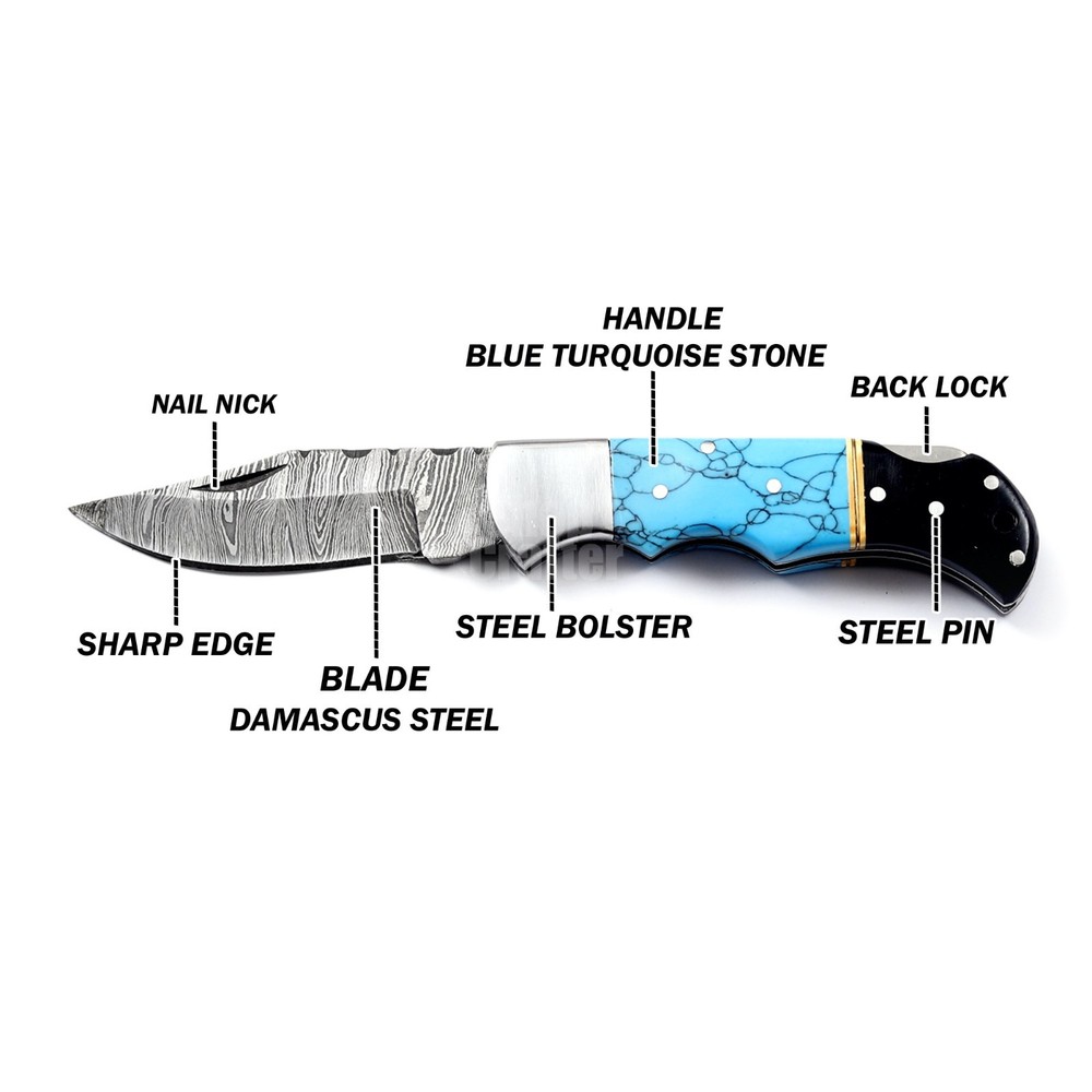 Handmade Damascus Folding Knife, Turquoise Stone Handle Leather Sheath Sharpner.