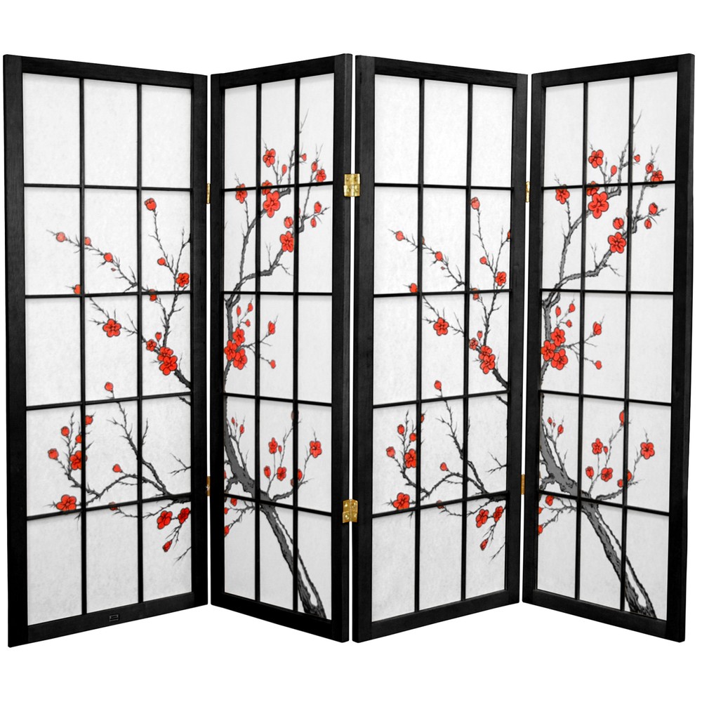 4 ft. Short Cherry Blossom Shoji Screen - Black - 4 Panels