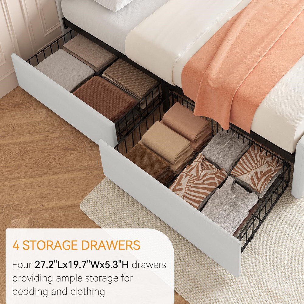 Full Size Bed Frame with 4 Storage Drawers and Headboard Upholstered Platform