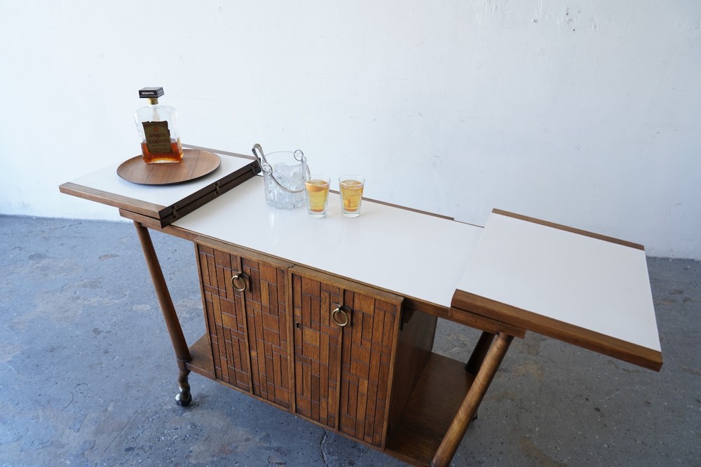 Bert England Brutalist Forward Trend Drop-Leaf Bar Cart / Serving Cabinet