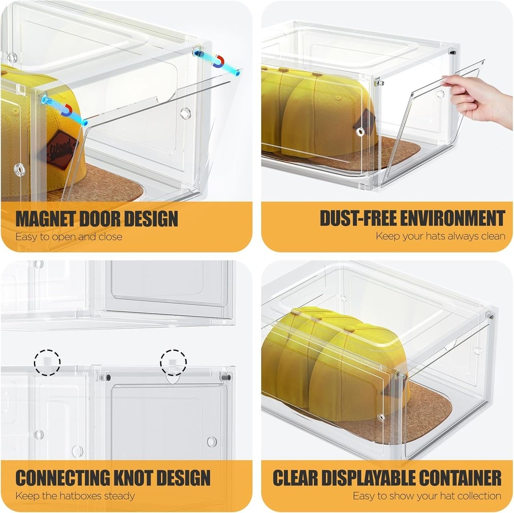 Hat Organizer Box, Stackable Clear Baseball Caps Holder Box Containers