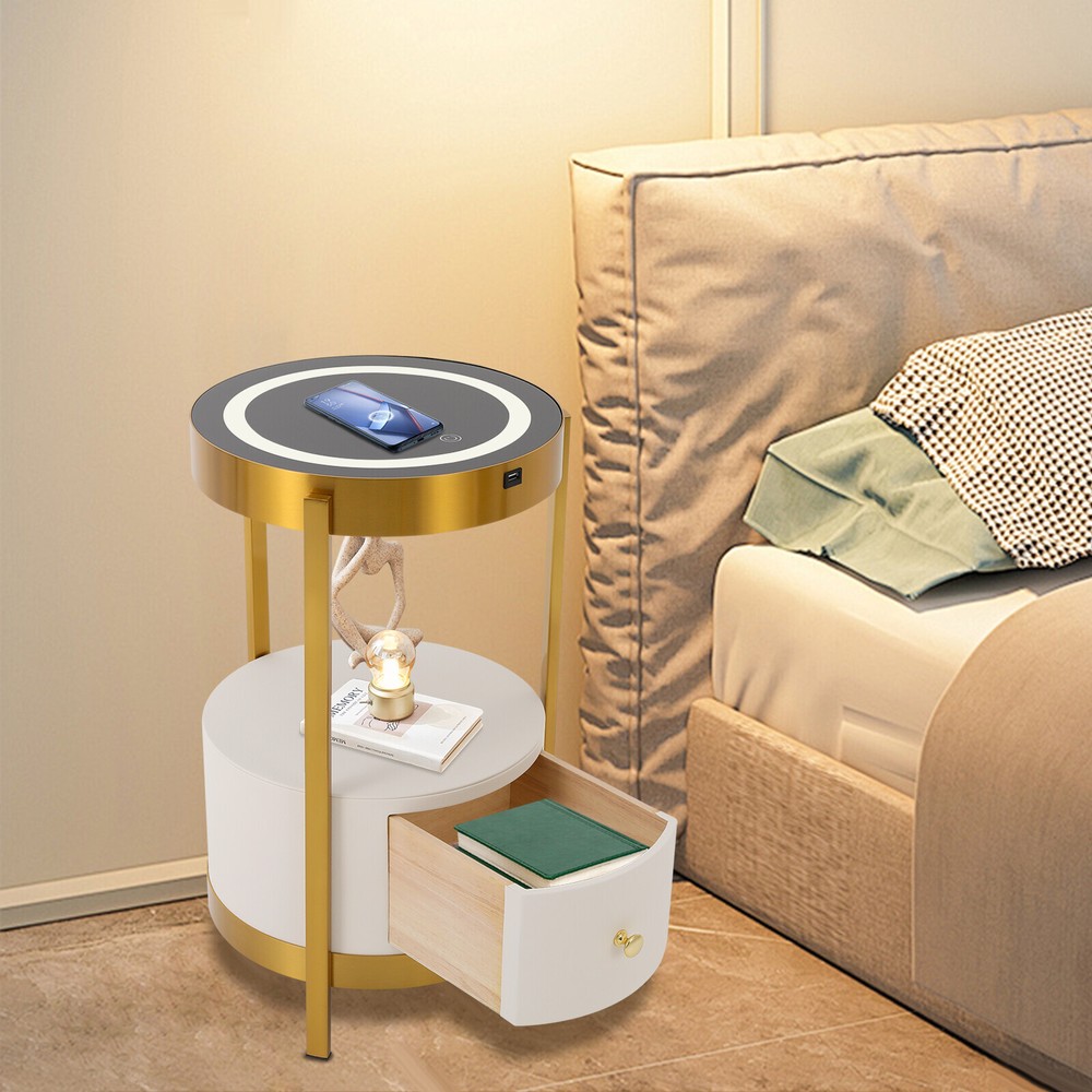 LED Nightstand Bedside Table with Drawers USB & Charging Station End Side Table