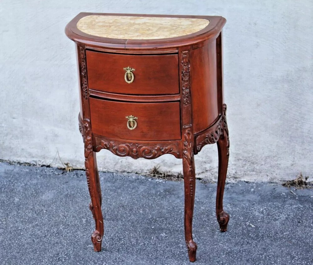 French Provincial Bedside Table - Demilune, Marble Top, Fully Refinished