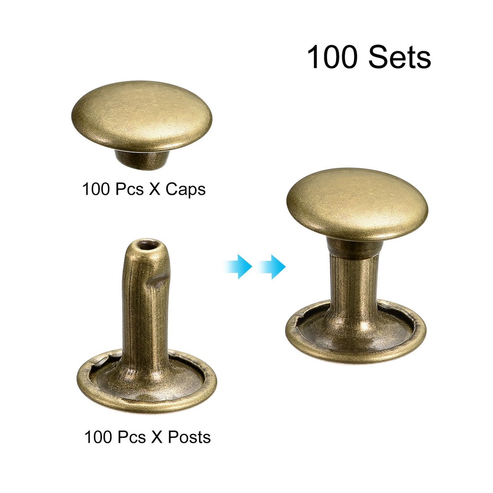 100 Sets Leather Rivets, 10x10mm Double Cap Rivets, Bronze Tone