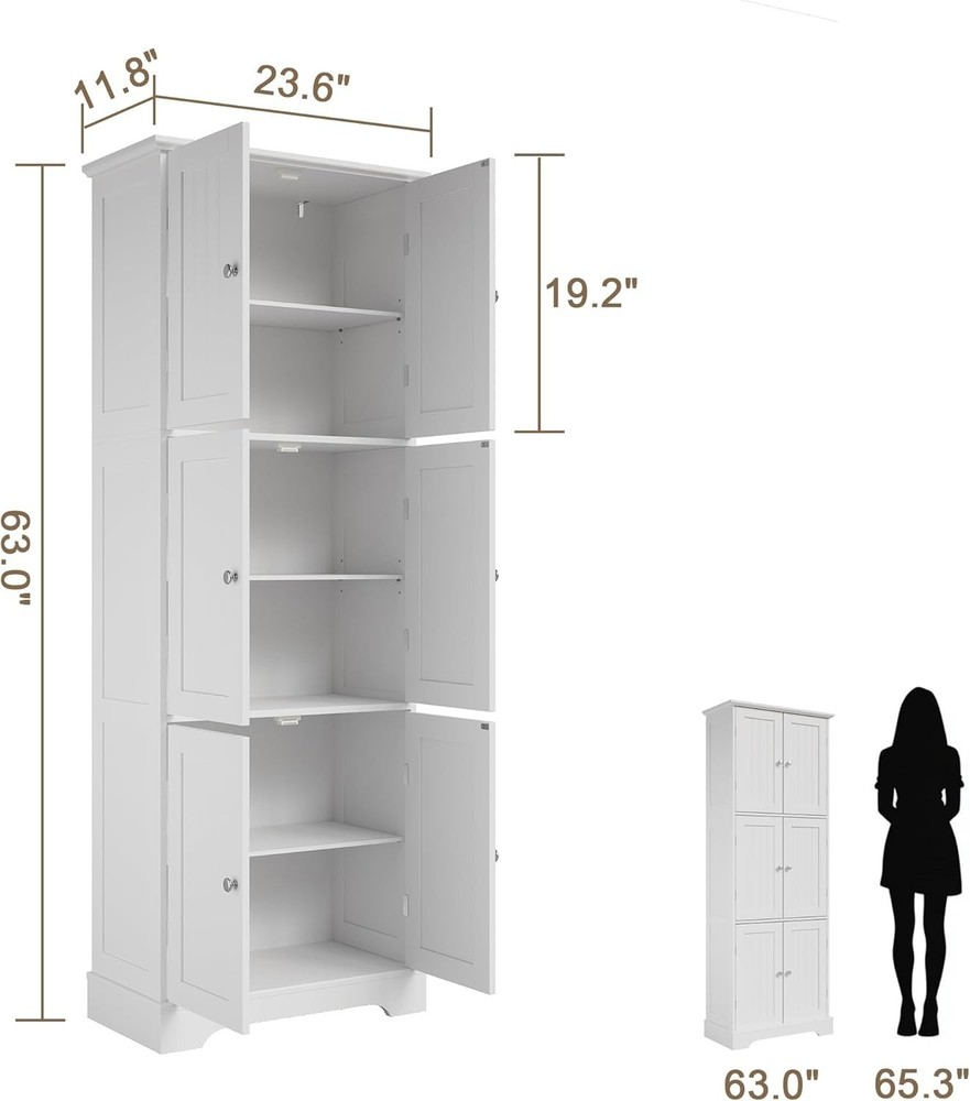 White Freestanding Bathroom & Kitchen Storage Cabinet - 6 Doors & Safety