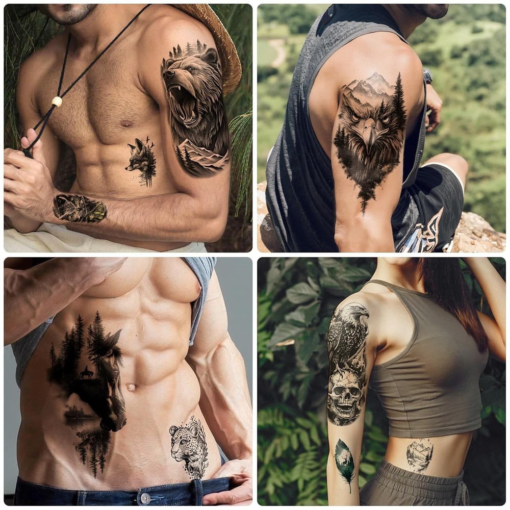 77 Sheets Temporary Tattoos, 17 Sheets Half Arm Wolf Lion Tiger Bear Leopard Eag