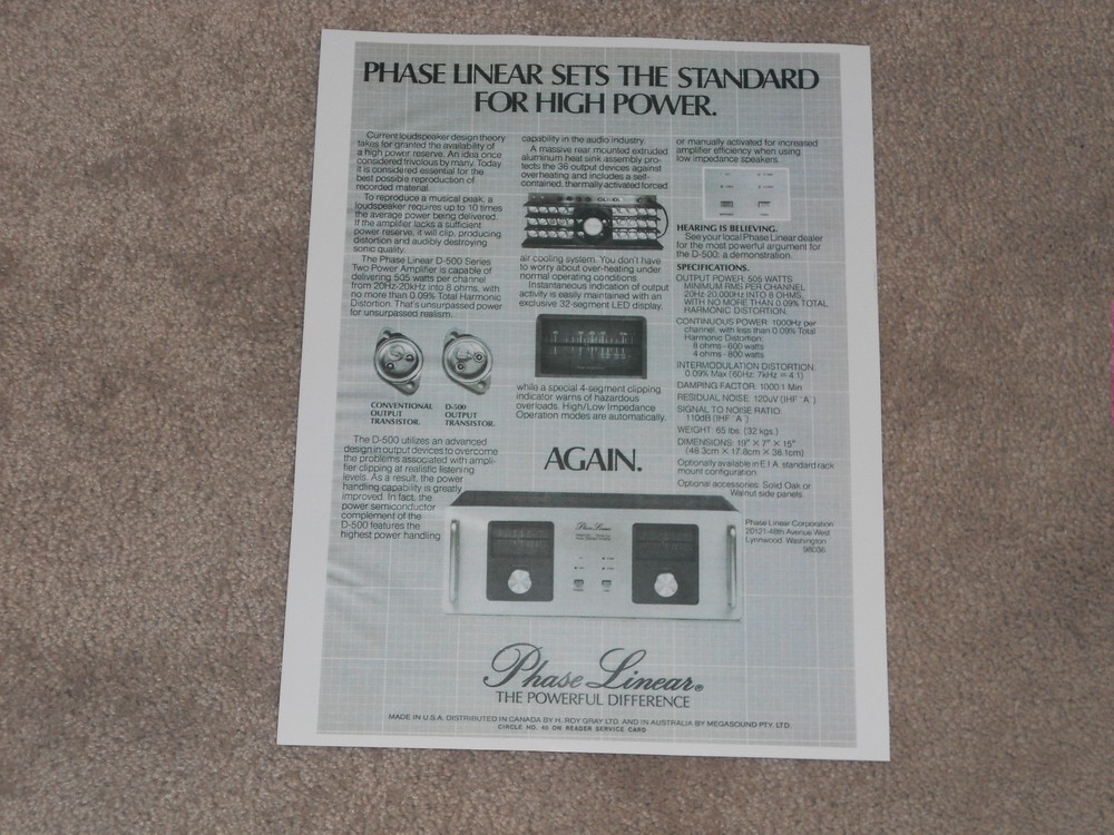 Phase Linear D-500 Ultimate Amplfier Ad, Carver, Article, 1 page, ready to frame