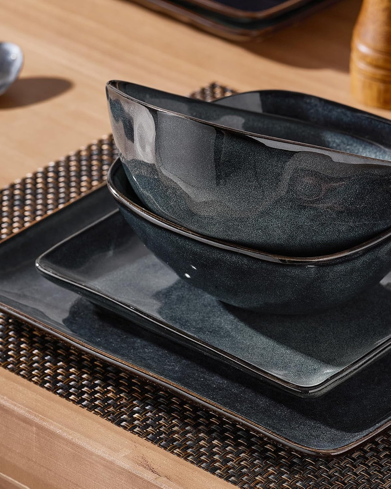 Dinnerware Sets for 4, Ocean Square 12-Piece Kitchen Plates and Bowls Sets, Reac