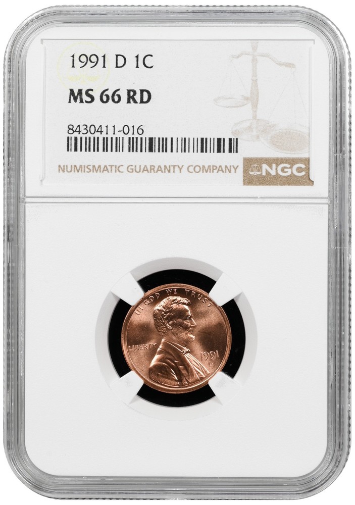 1991 D Lincoln cent graded by NGC MS 66 RD