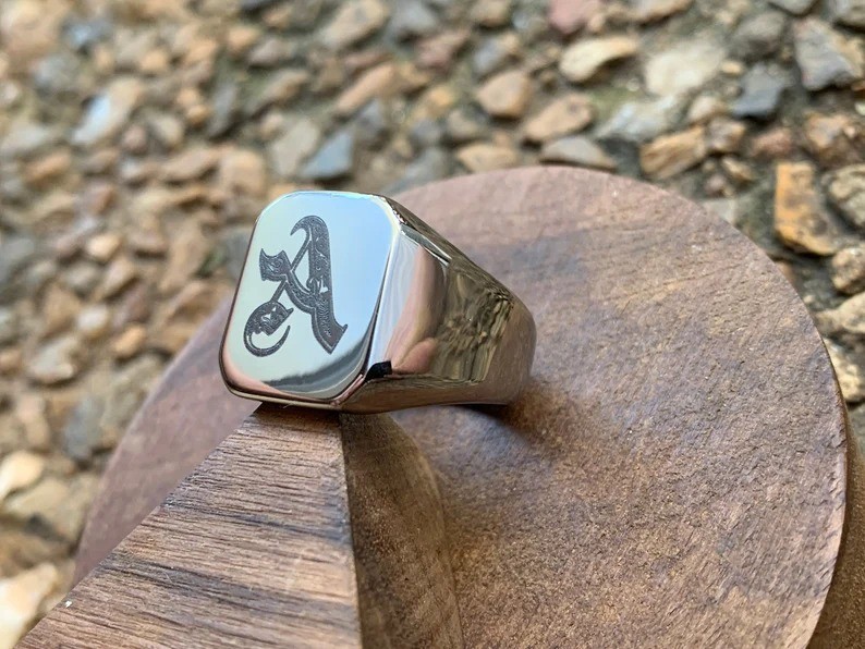 925 Sterling Silver Custom Initial Signet Ring – Personalized Engraved Letter Ri