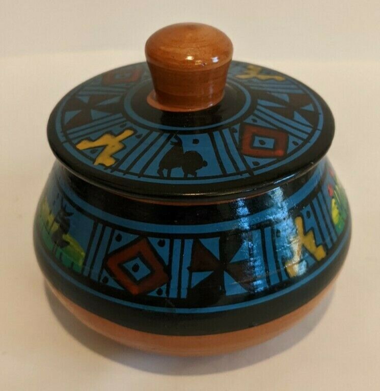 Bright Color Tiny Lidded Hand Painted Fired Clay Jar Southwestern 