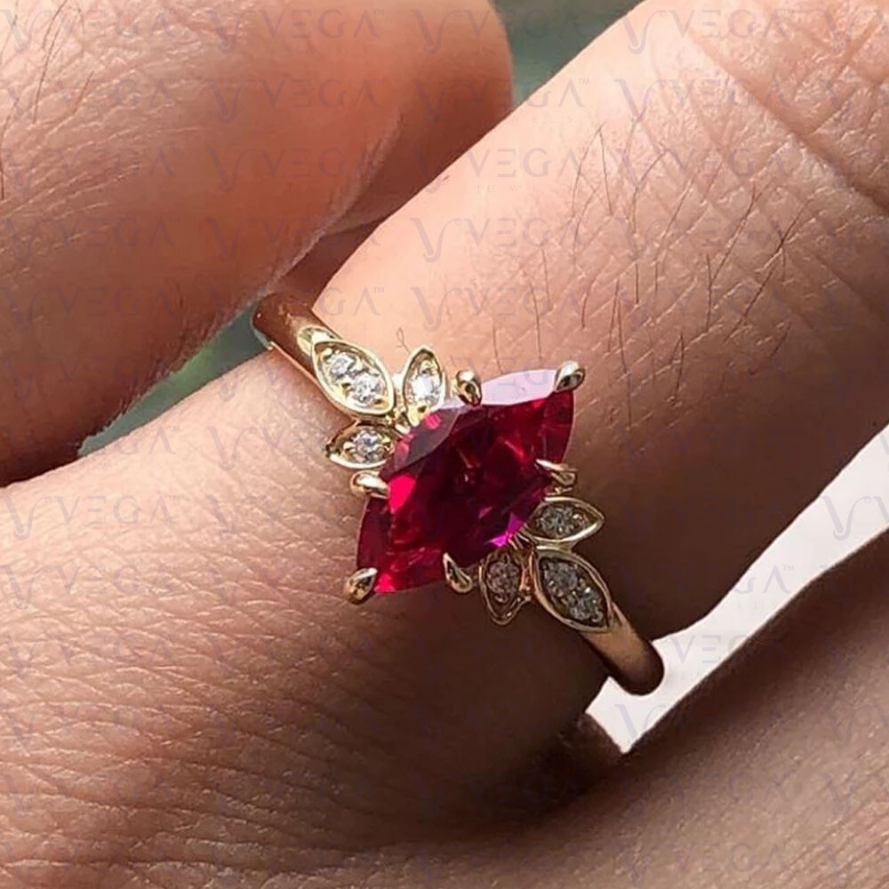 3.48Ct Marquise Cut Pink Natural Ruby & Diamond 100% 14k SOLID Yellow Gold Ring