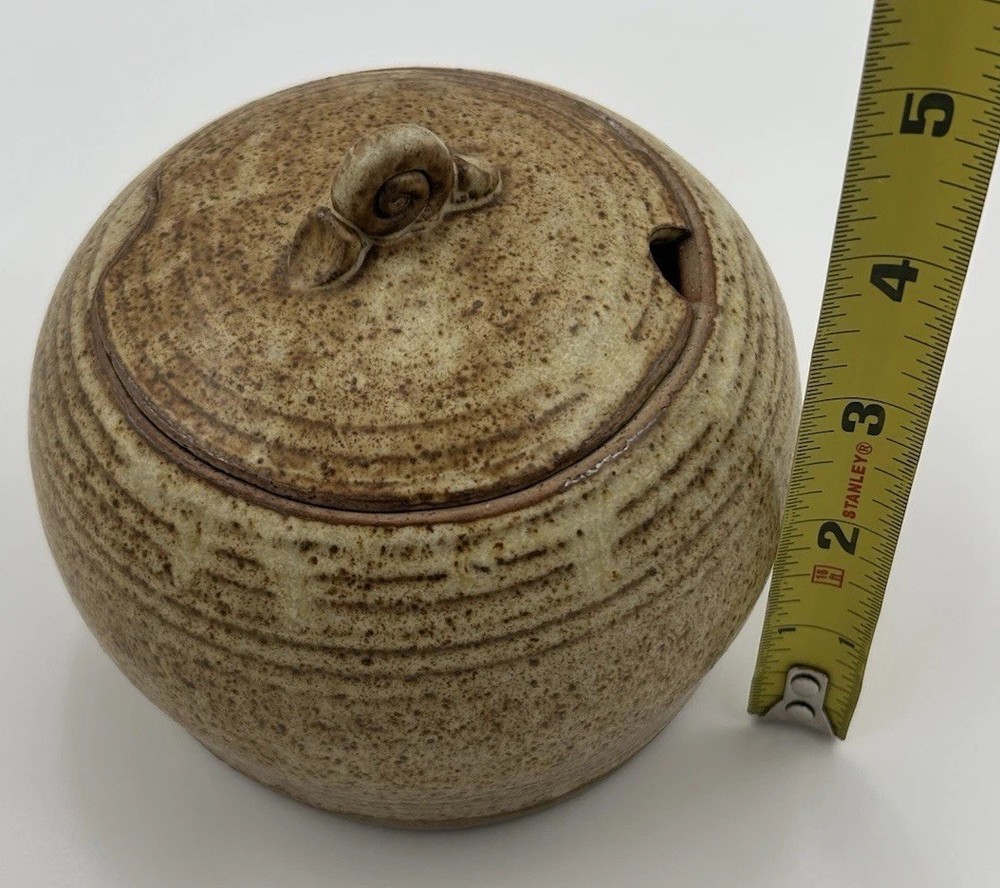 Signed Studio Pottery Lidded Jar Speckled Stoneware Rustic Trinket Jar Snail Lid