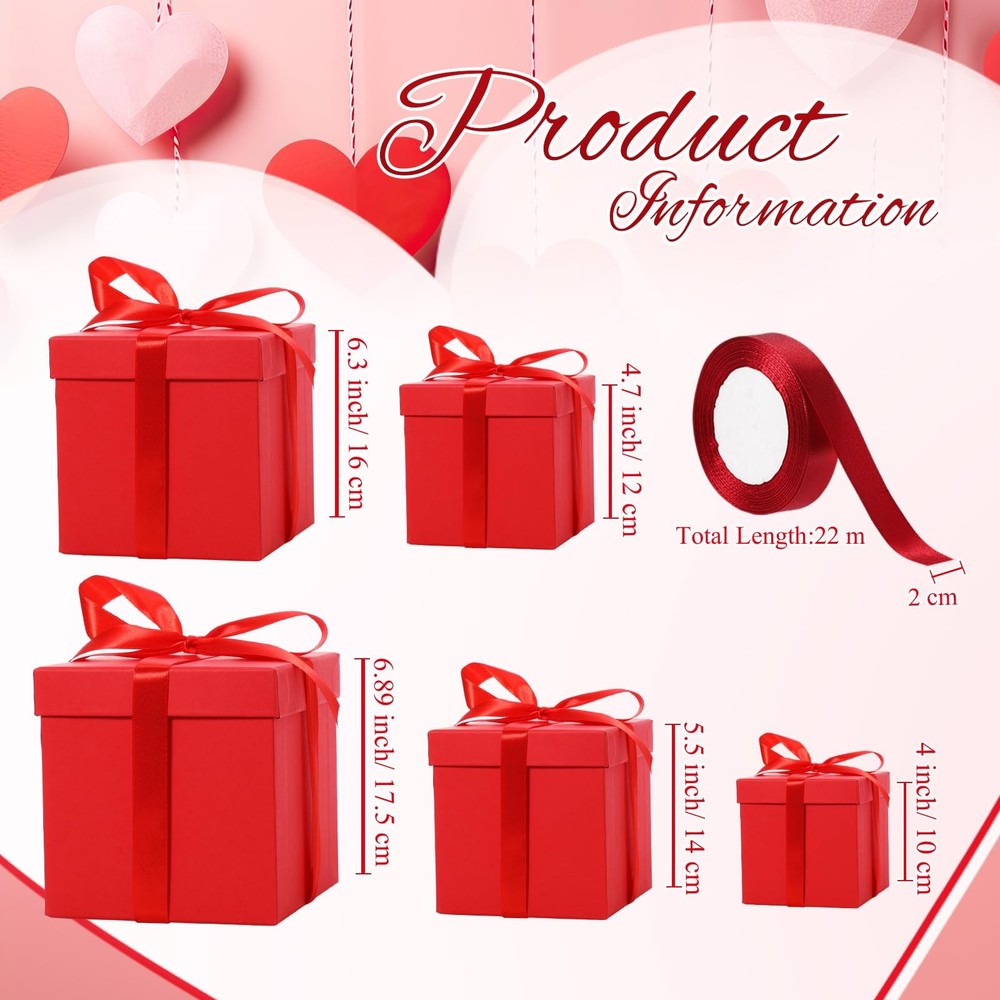 Cholemy 5 Pcs Square Nesting Boxes Decorative Gift White Card, Bright Red