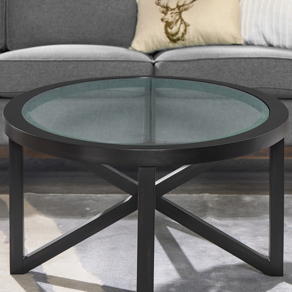 Modern Glass Coffee Table - Tempered Round Top, Solid Wood Base