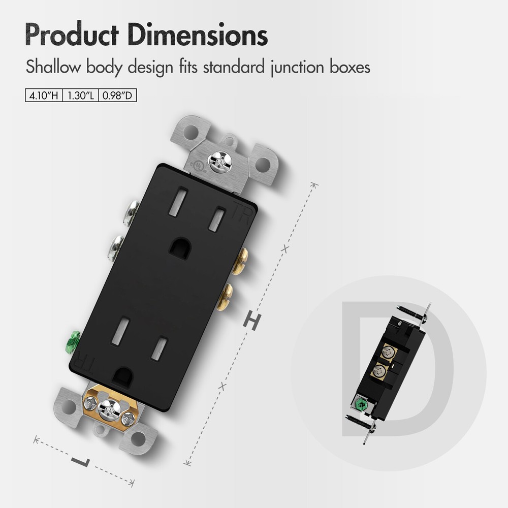 10Pack Black Outlet Socket, Decora Duplex Receptacle 15 Amp, 125 Volt With plate