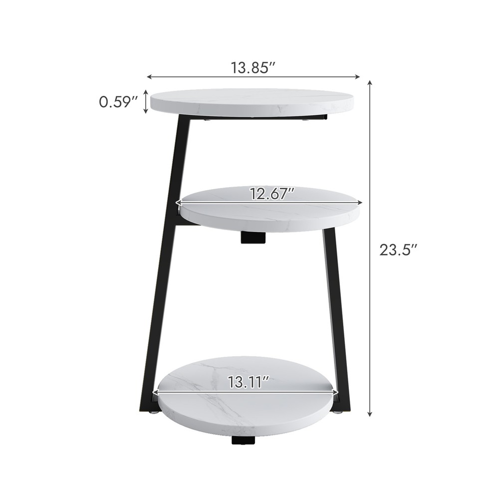 Small Round Side Table with 3-Tier Storage - White Black End Table, Sturdy Met