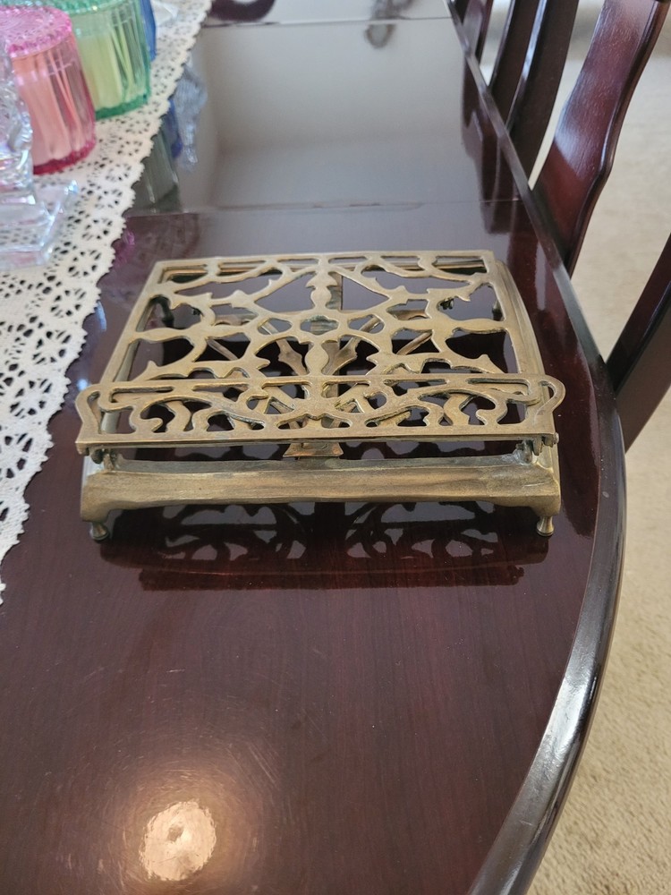 Vintage Ornate Brass Metal Book Stand, Adjustable & Foldable, Rectangular, 9"