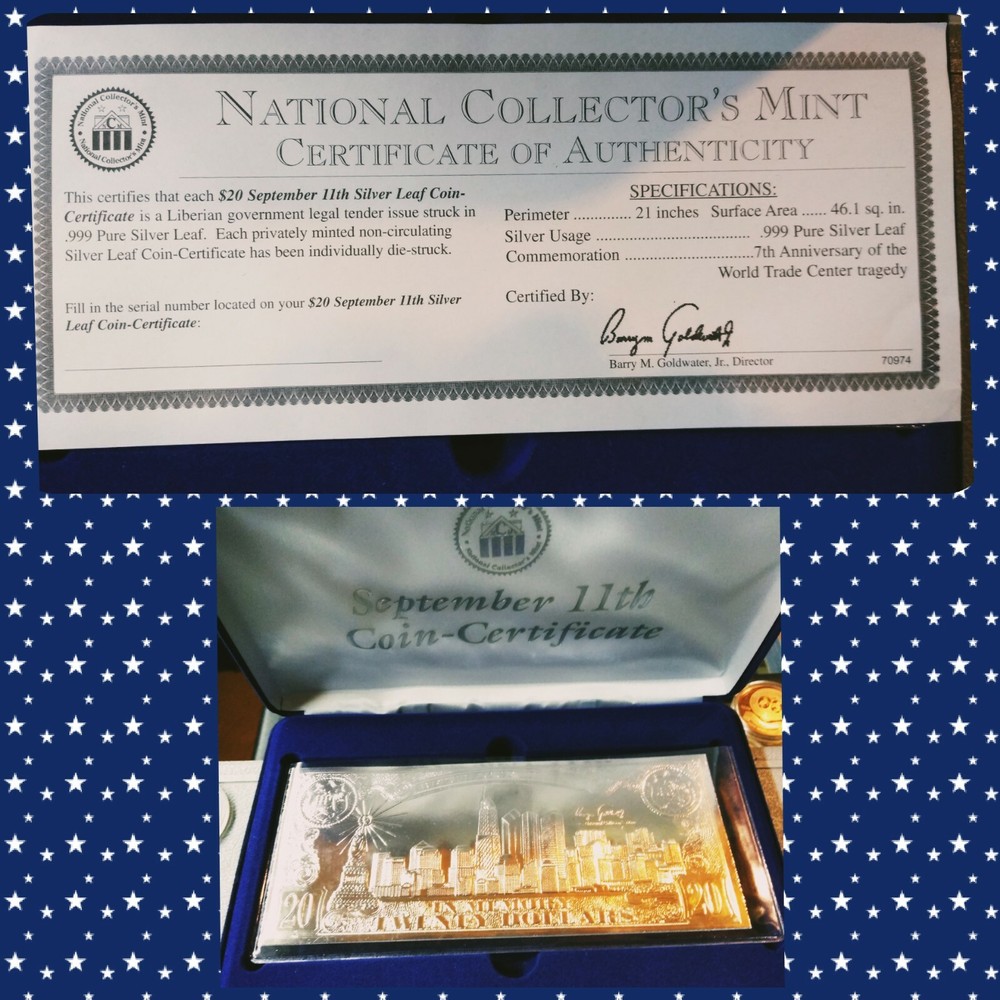National Collectors Mint $20 September 11 Silver Leaf Certificate Goldwater COA