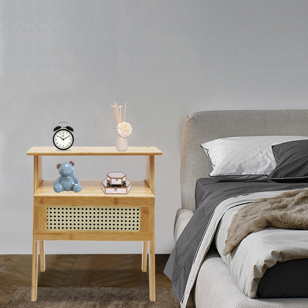 Bamboo Nightstand, End Table with Drawer, Bedside Table Sofa Side for Bedroom