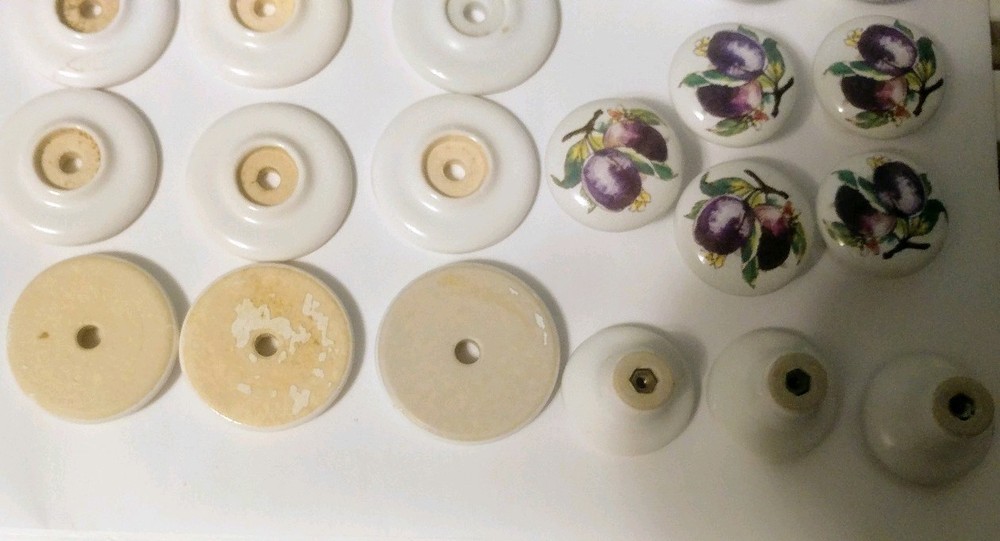 Vintage Lot 12 Ceramic Pulls Handles Knobs PLUMS HTF