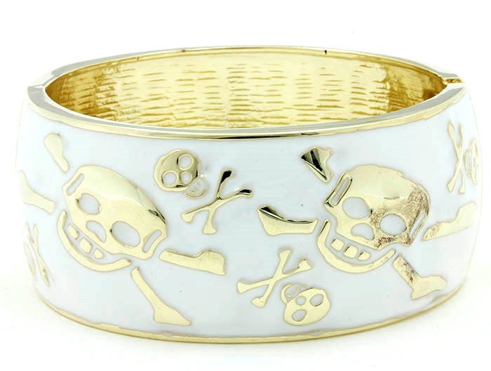 Gothic Punk Biker Hinged Bangle Bracelet Gold with White Skulls