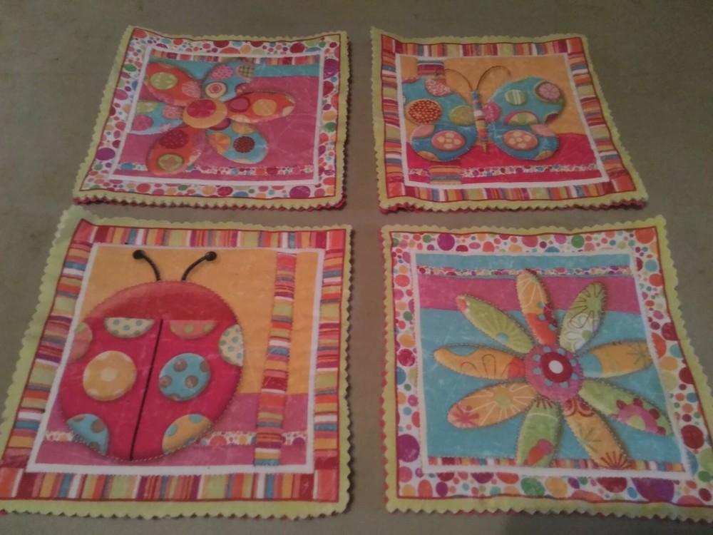 4pc ladybugs flowers butterflies fabric coasters quilted handmade daisy