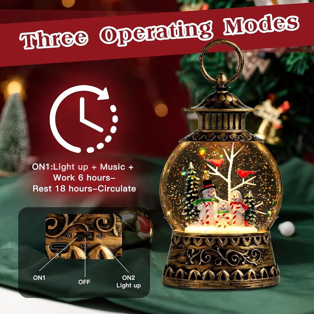 Charming Retro Style Christmas Snow Globe with Timer & Hand-Carved Cardinal