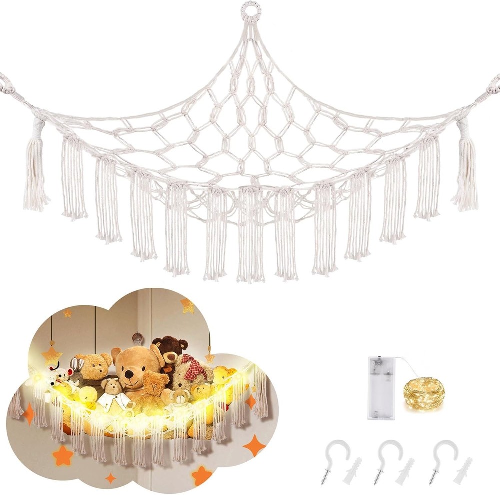 Jumbo White Stuffed Animal Hammock with LED Light – Chic Corner Storage Solution