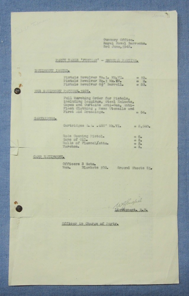 WWII Document - For Operation "Fustian" 1943. Weapon Issued.