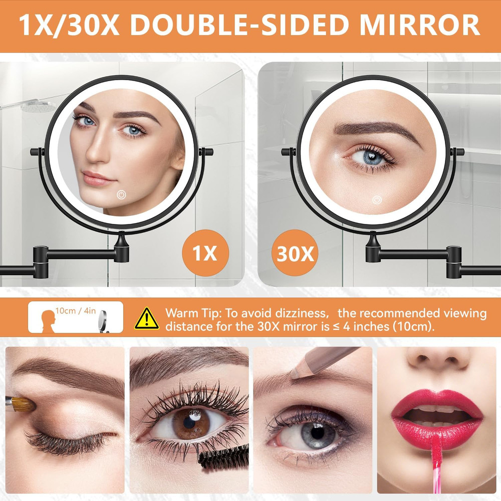 Rechargeable 8" Double-Sided Lighted Makeup Mirror with 360° Rotation, Black