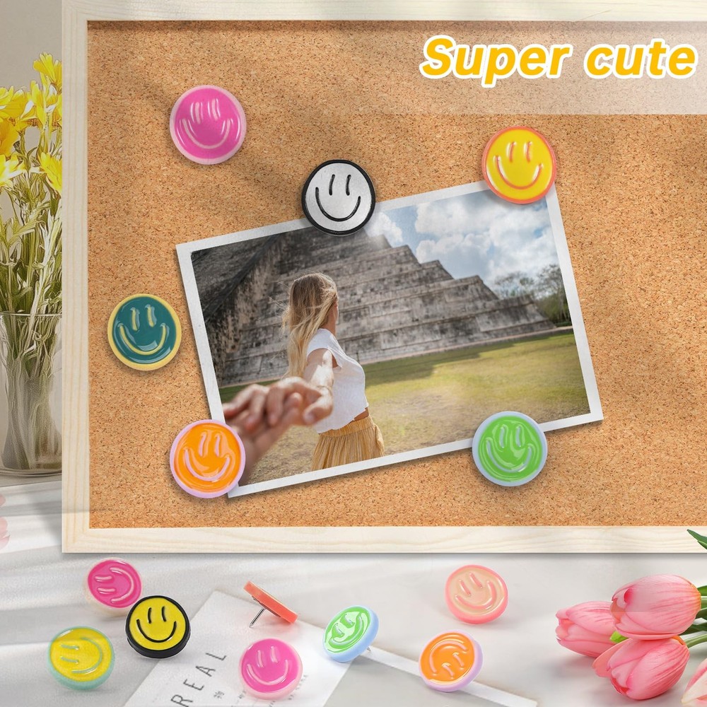 GOOLADA 30 Pieces Smiley Cute Push Pins,10Colors Thumb 30Pcs, a