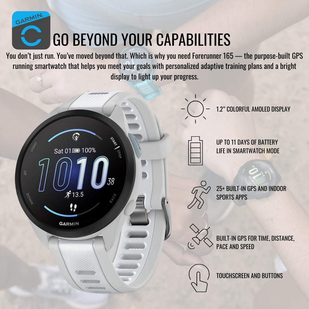 Garmin Forerunner 165 GPS Mist Gray Whitestone Running Smartwatch Bundle