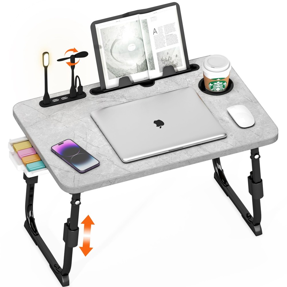 Laptop Desk for Bed Height Adjustable Lap Table USB Storage Drawer Black Tray