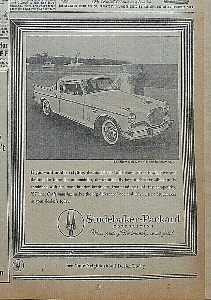 1957 newspaper ad for Studebaker - Silver Hawk, modern styling, low silhouette